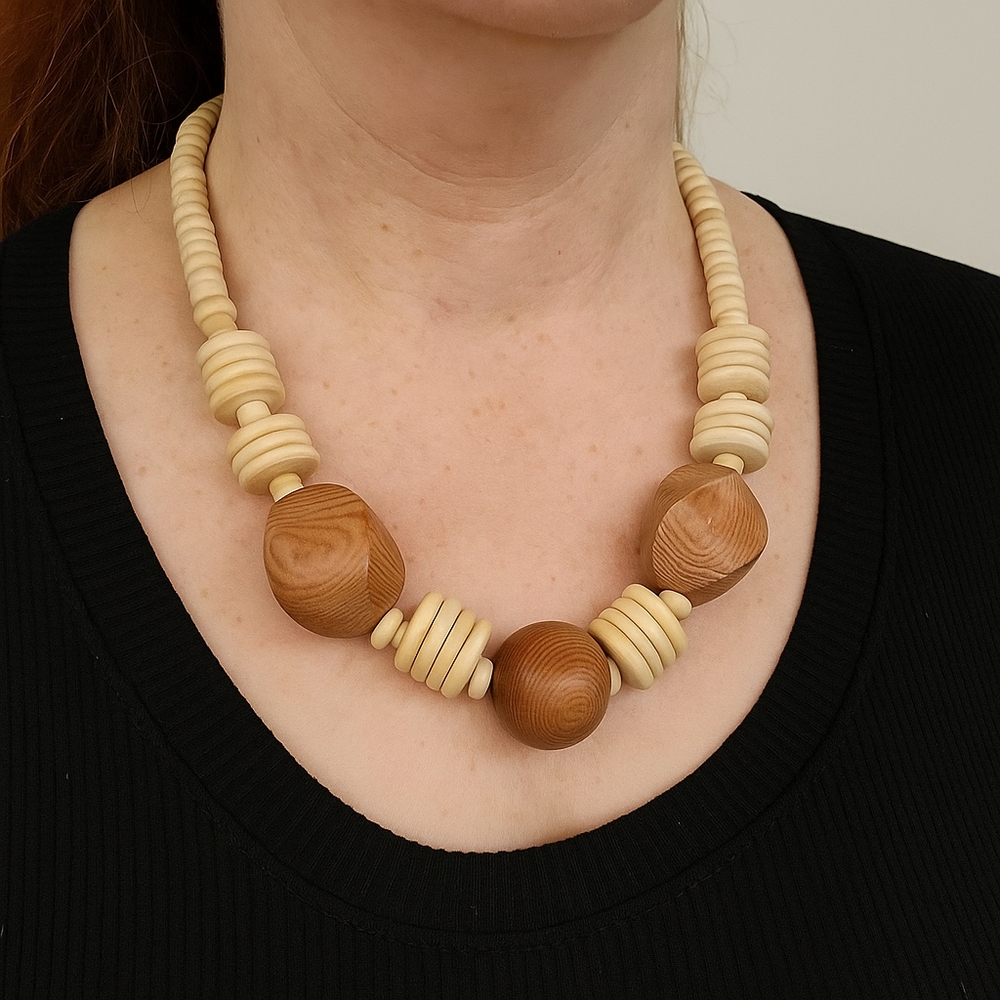 Natural Wood Beaded Necklace